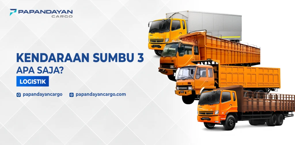 Ilustrasi kendaraan sumbu 3 angkut barang logistik dengan informasi kapasitas muatan dan tonase.