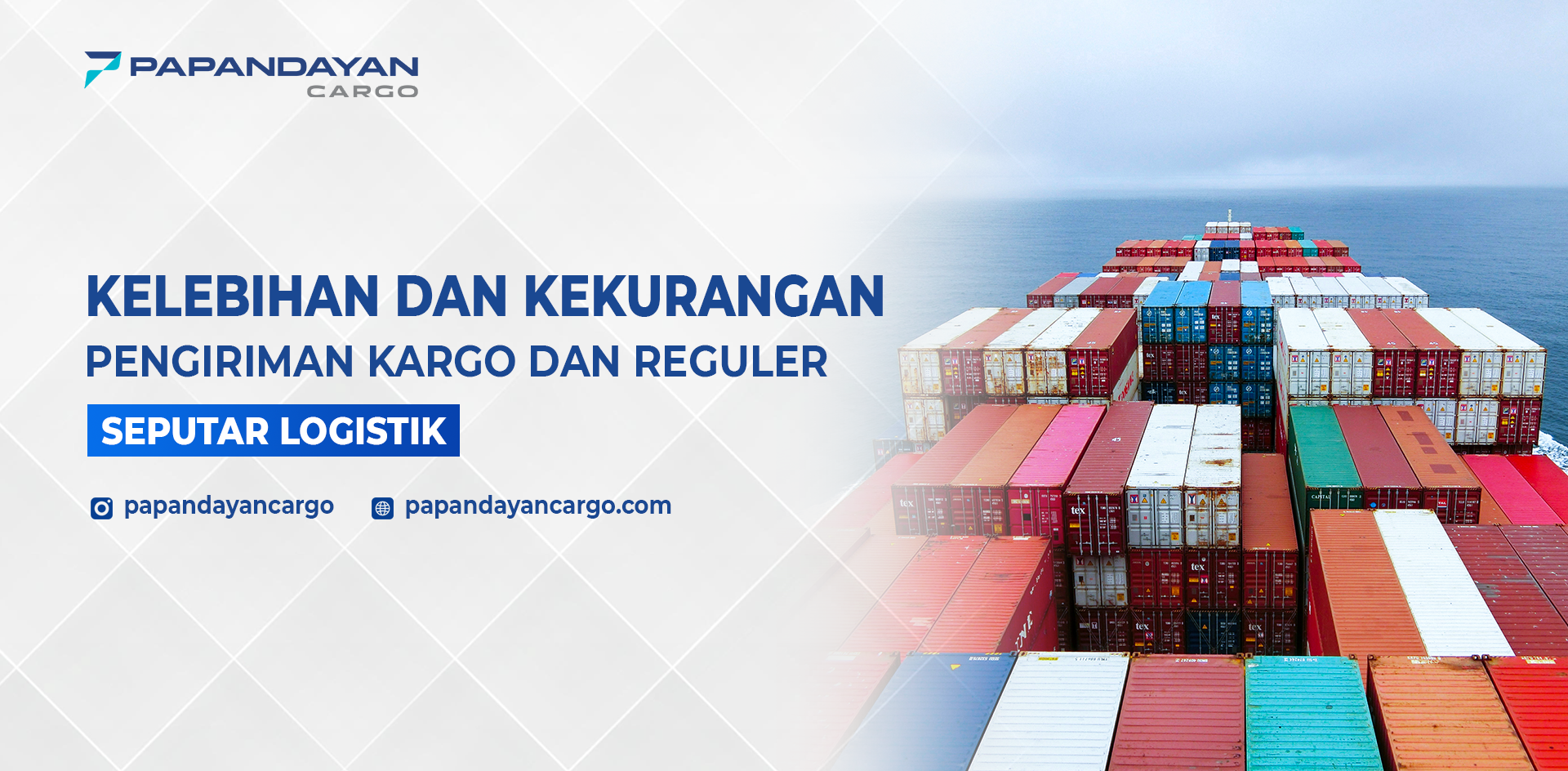 Perbandingan pengiriman kargo dan reguler dengan ilustrasi tumpukan kontainer dalam sistem logistik