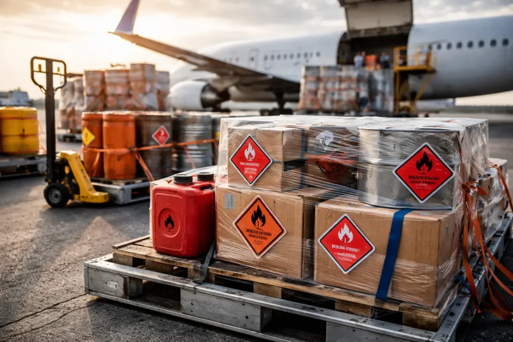 Barang mudah terbakar ekspedisi udara dengan label flammable yang disiapkan di area kargo bandara