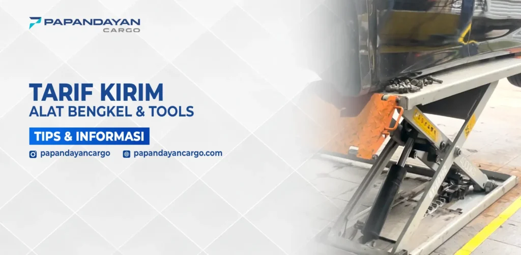 Peralatan bengkel seperti dongkrak hidrolik sedang digunakan di area servis, menjadi ilustrasi informasi tarif kirim alat bengkel & tools Papandayan Cargo.