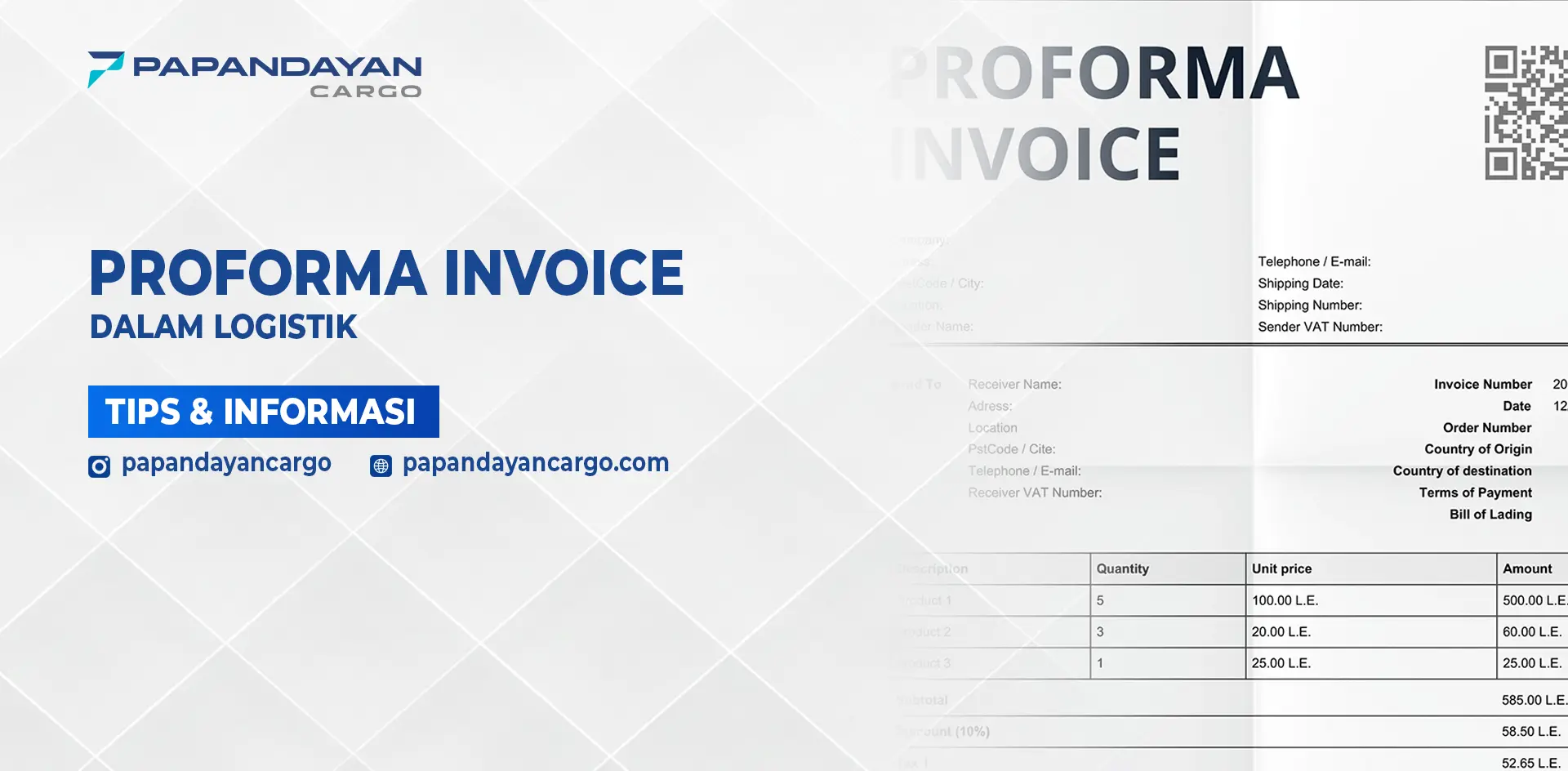 Dokumen proforma invoice yang menampilkan rincian barang dan biaya sebagai contoh penggunaan dalam logistik.