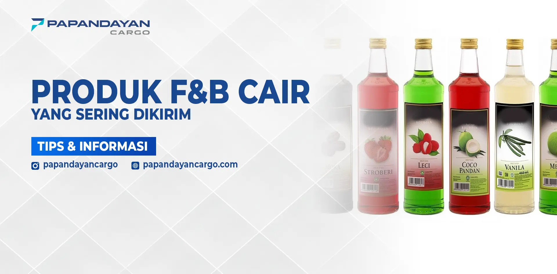 Produk F&B cair dalam botol kaca dan plastik yang dikemas rapi untuk pengiriman antar kota.
