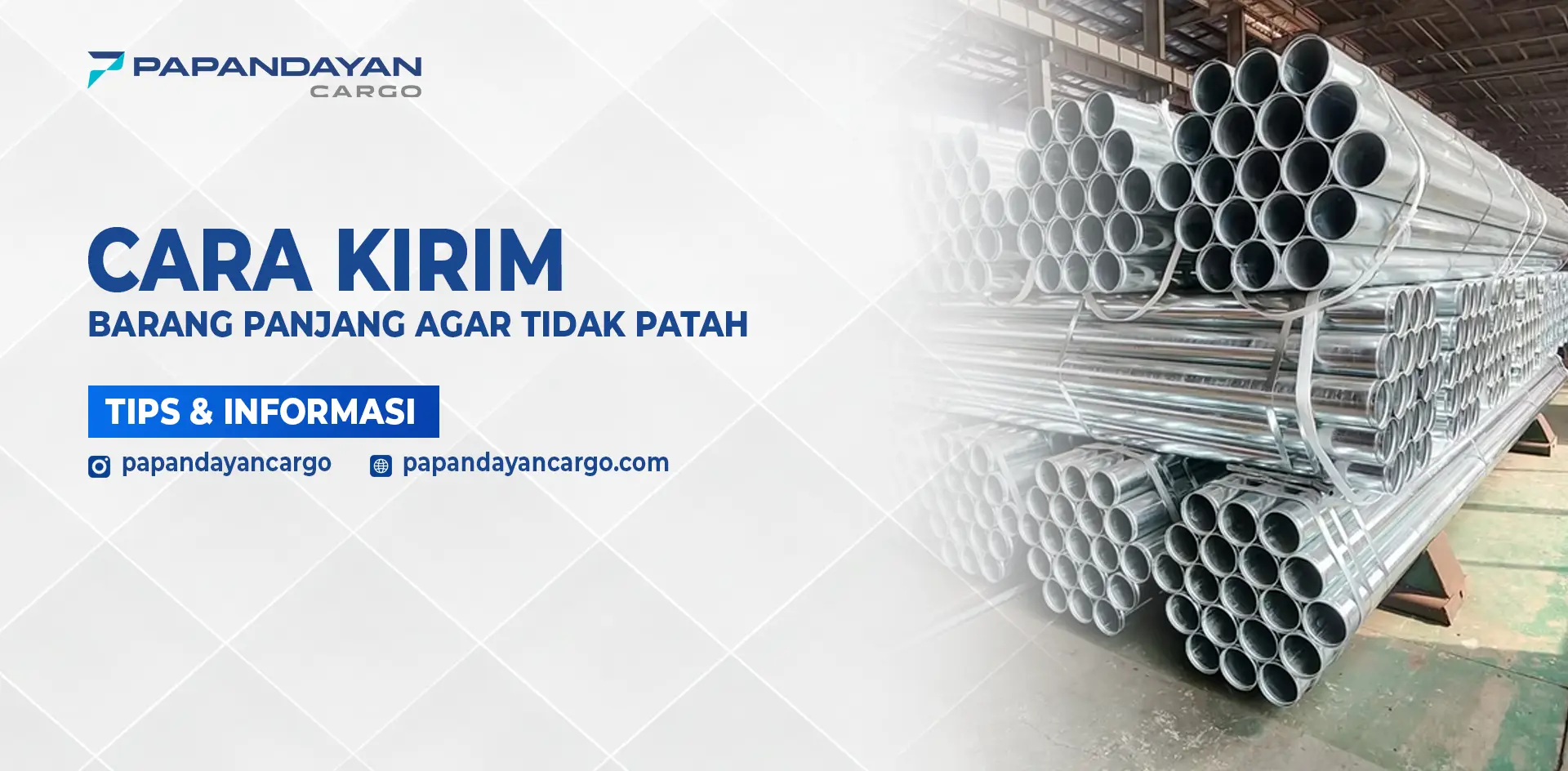 Pengiriman barang panjang seperti pipa besi yang ditata dan diikat dengan teknik khusus agar tidak bengkok atau patah saat pengiriman.