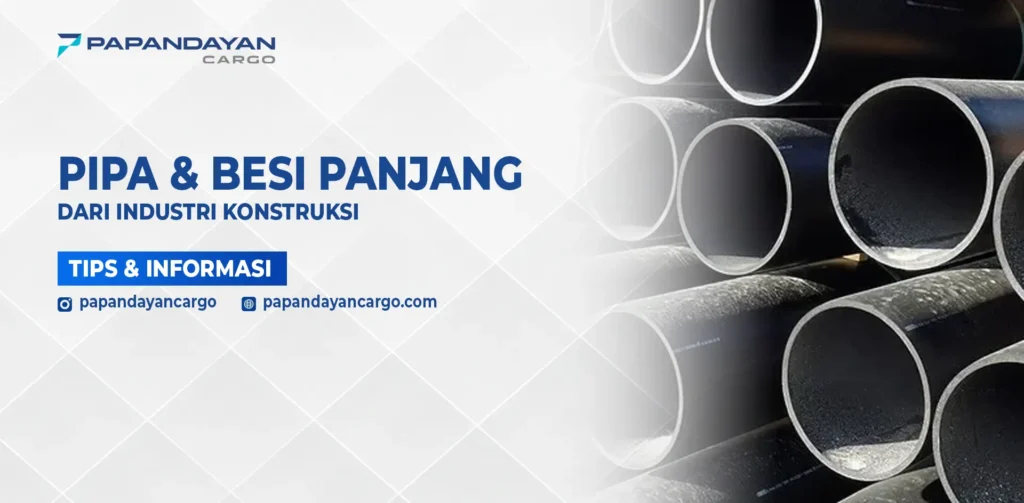 Tumpukan pipa dan besi panjang dari industri konstruksi yang membutuhkan penanganan dan pengiriman khusus.