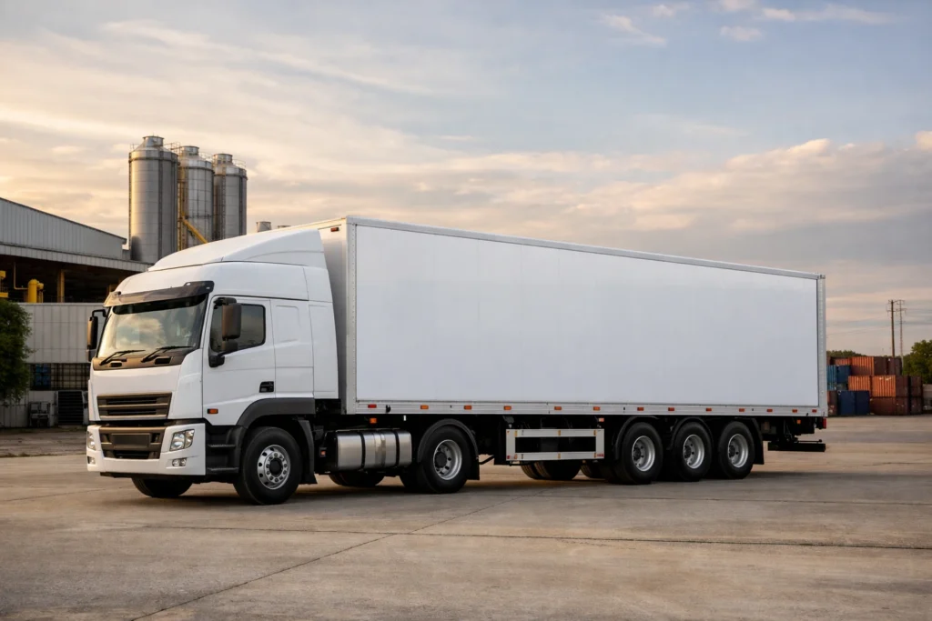 Jenis truk dan kapasitasnya untuk pengiriman barang skala besar menggunakan truk box dengan muatan logistik industri.