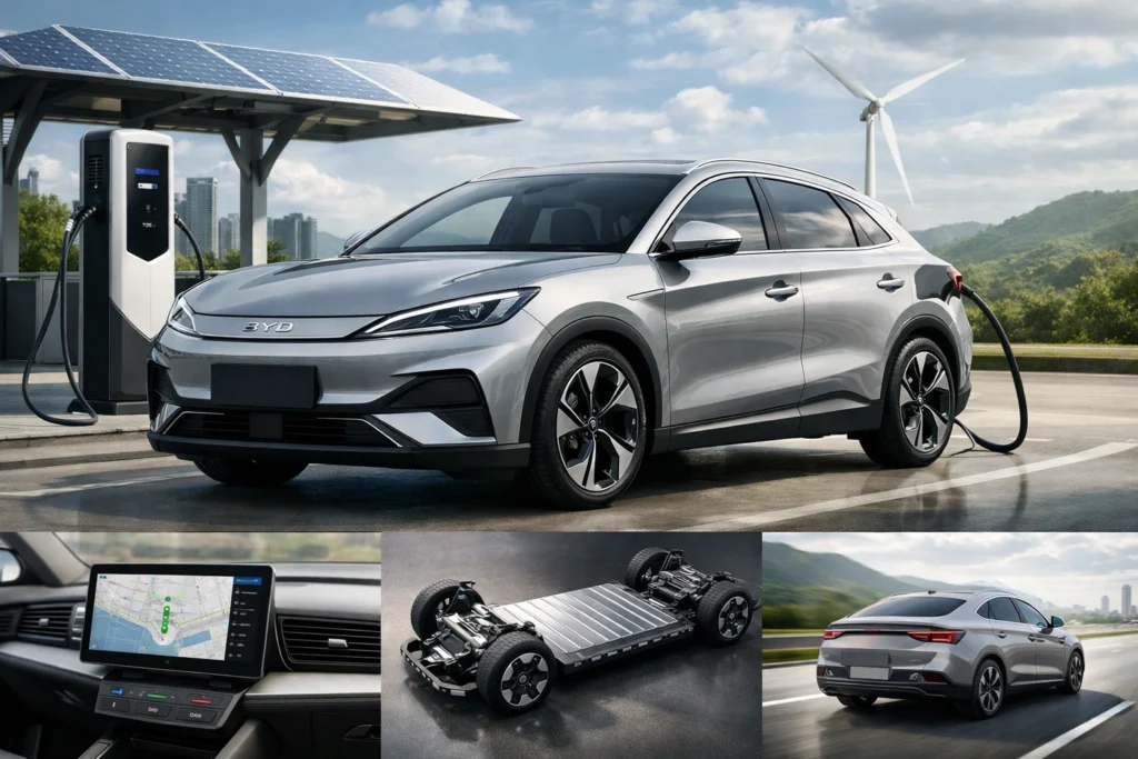 Mobil listrik BYD dengan teknologi baterai dan fitur modern, menampilkan kelebihan serta kekurangan kendaraan listrik.