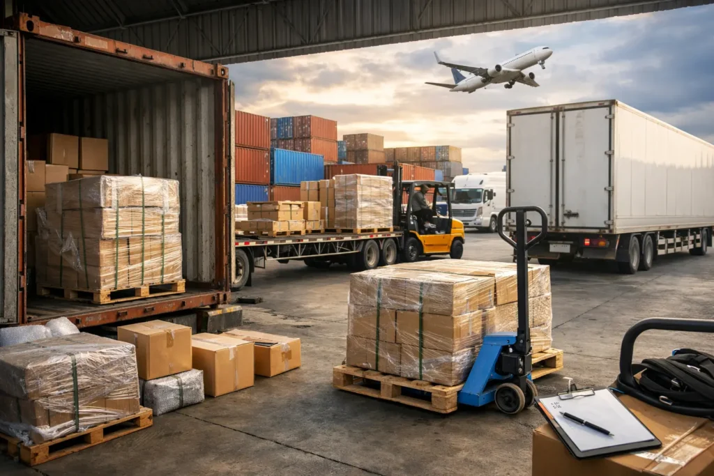 Aktivitas pengiriman cargo adalah proses distribusi barang besar menggunakan truk, kontainer, dan alat bongkar muat.