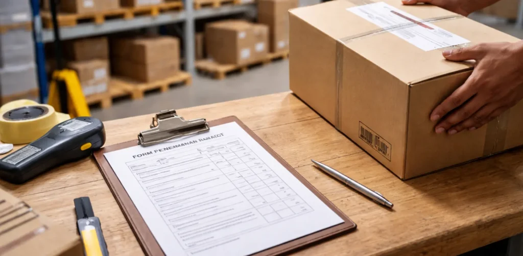 SOP pengiriman barang dengan proses pengecekan dokumen, pelabelan, dan serah terima paket di area gudang.