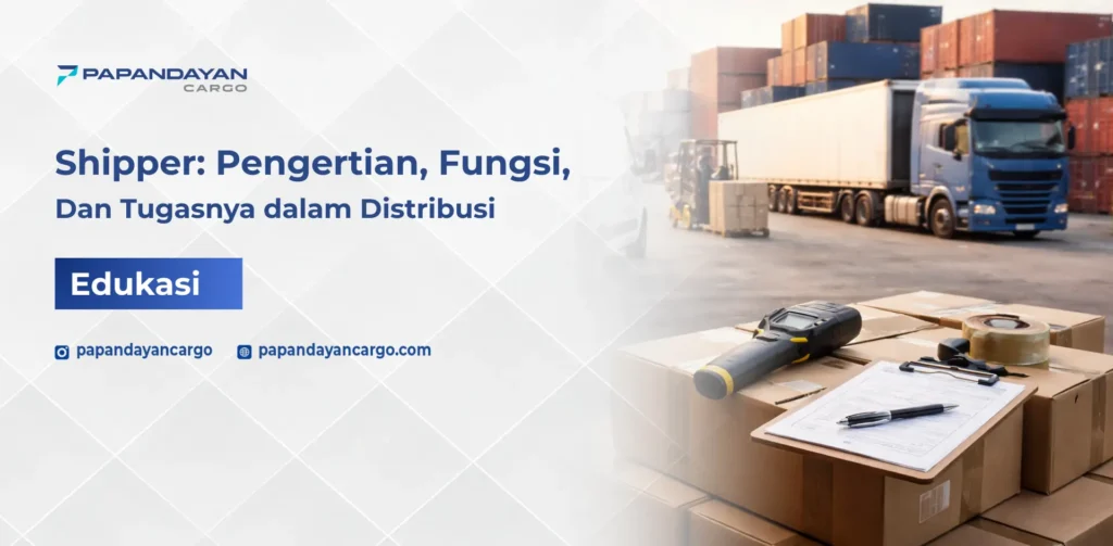 Proses distribusi logistik dengan truk pengiriman, paket, dan dokumen pengiriman yang menggambarkan peran shipper dalam distribusi barang
