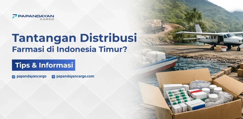 Ilustrasi tantangan distribusi farmasi di Indonesia Timur dengan pengiriman obat melalui darat, laut, dan udara ke wilayah terpencil.