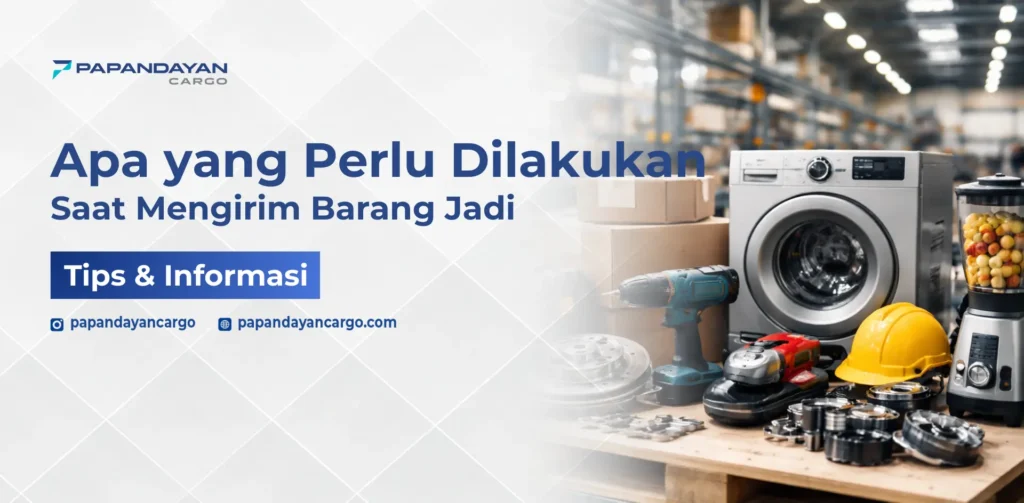 Barang jadi manufaktur siap dikirim, terdiri dari mesin cuci, peralatan industri, dan produk jadi di area gudang logistik.