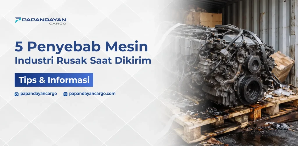 Kerusakan mesin saat pengiriman akibat pengemasan dan penanganan yang tidak tepat, terlihat dari kondisi mesin rusak di atas pallet.