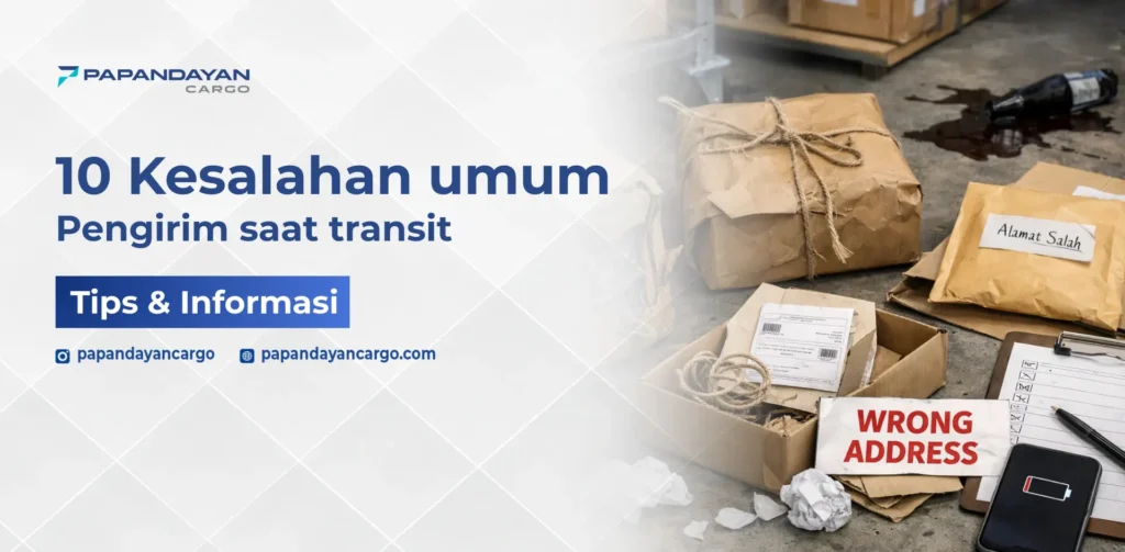 Ilustrasi kesalahan umum pengirim saat transit seperti alamat tidak jelas, kemasan tidak aman, dan dokumen tidak lengkap.