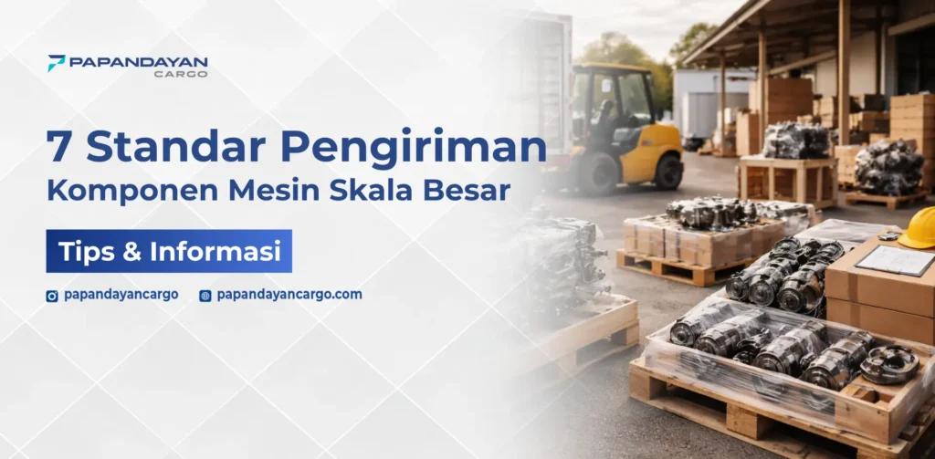 Pengiriman komponen mesin menggunakan pallet kayu dan pengamanan berlapis untuk menjaga stabilitas dan kualitas komponen industri.