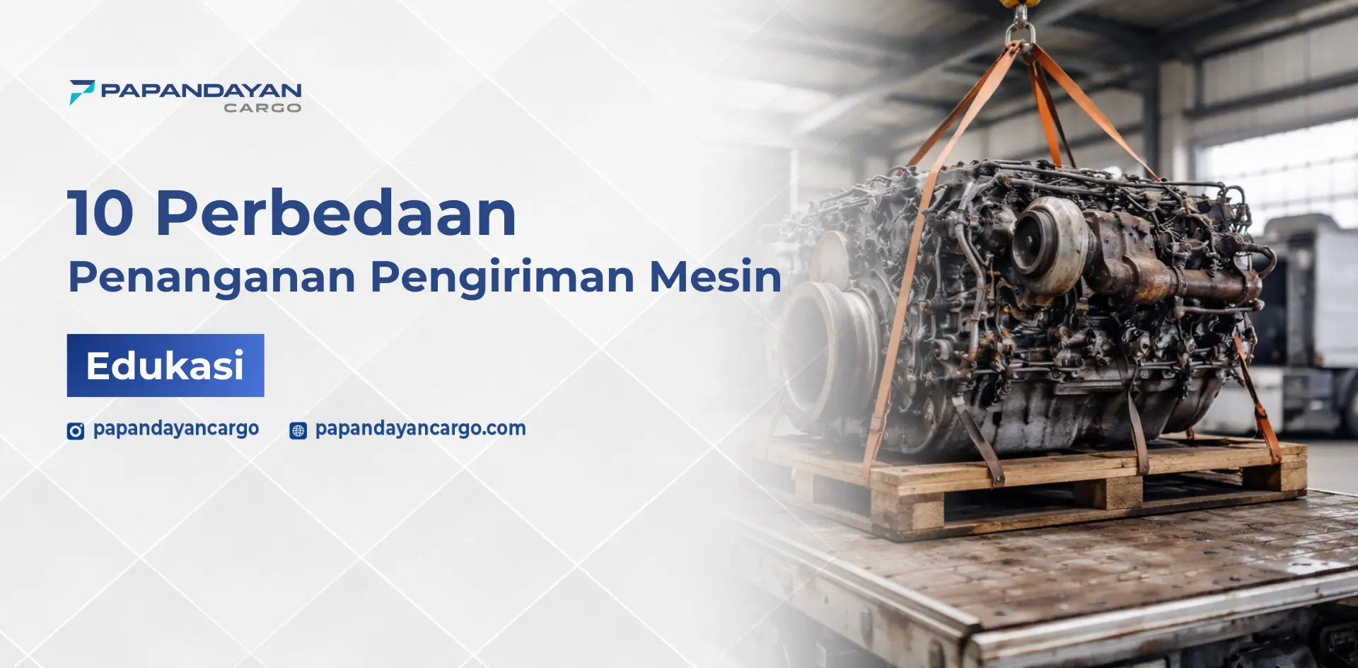 Pengiriman mesin bekas dengan pengamanan khusus di atas pallet untuk menjaga stabilitas dan mencegah kerusakan selama proses distribusi.