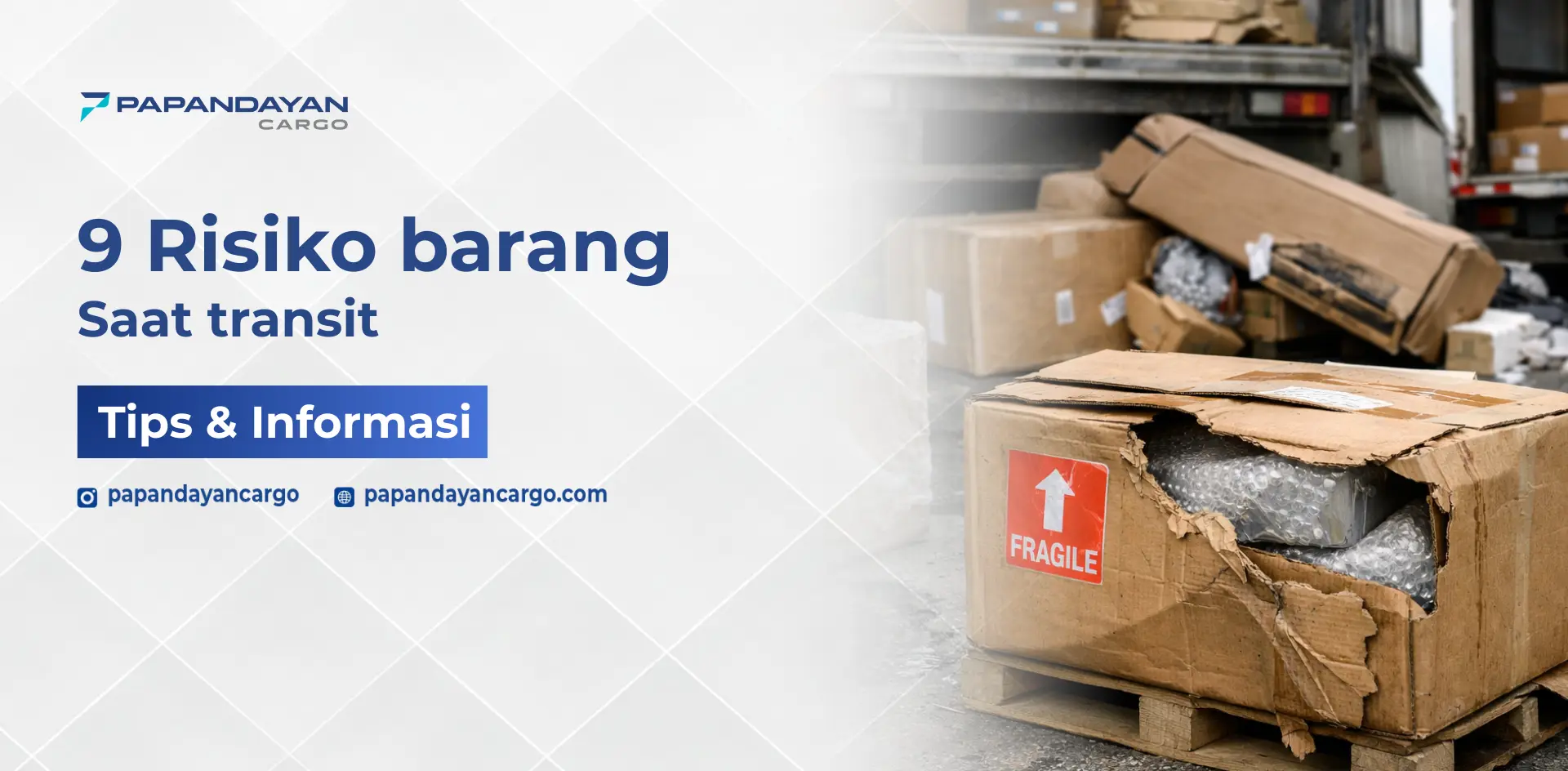 Ilustrasi risiko barang saat transit seperti kemasan rusak, tekanan, dan benturan selama proses pengiriman.