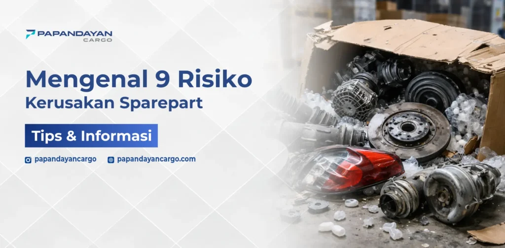 Risiko kerusakan sparepart akibat packing tidak aman, terlihat dari komponen industri yang rusak dan tercecer di dalam box.