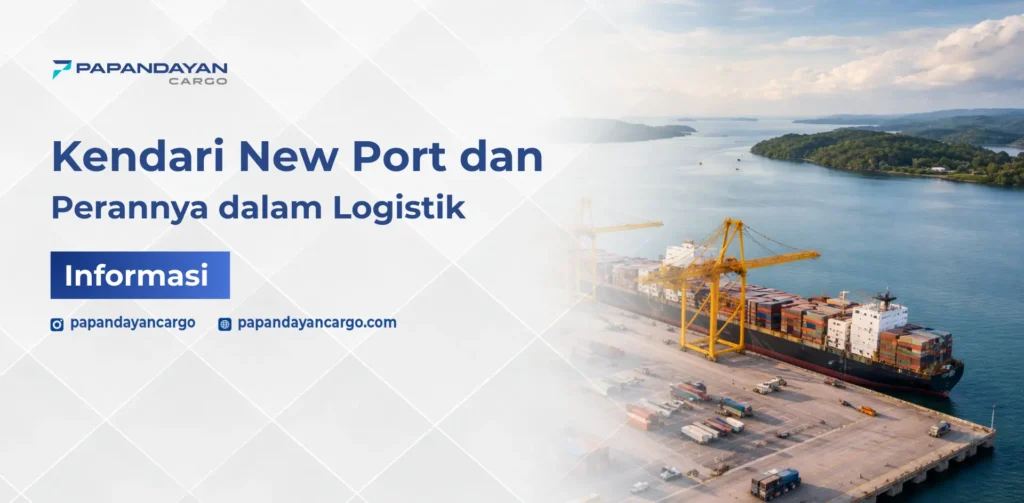 Kendari New Port dengan kapal kontainer dan crane bongkar muat sebagai pusat distribusi logistik Sulawesi Tenggara.