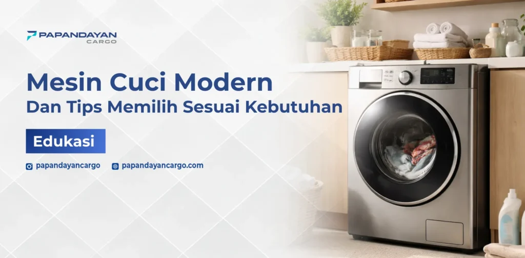 Mesin cuci modern tipe front loading di area rumah, menampilkan desain minimalis dan fitur panel digital.