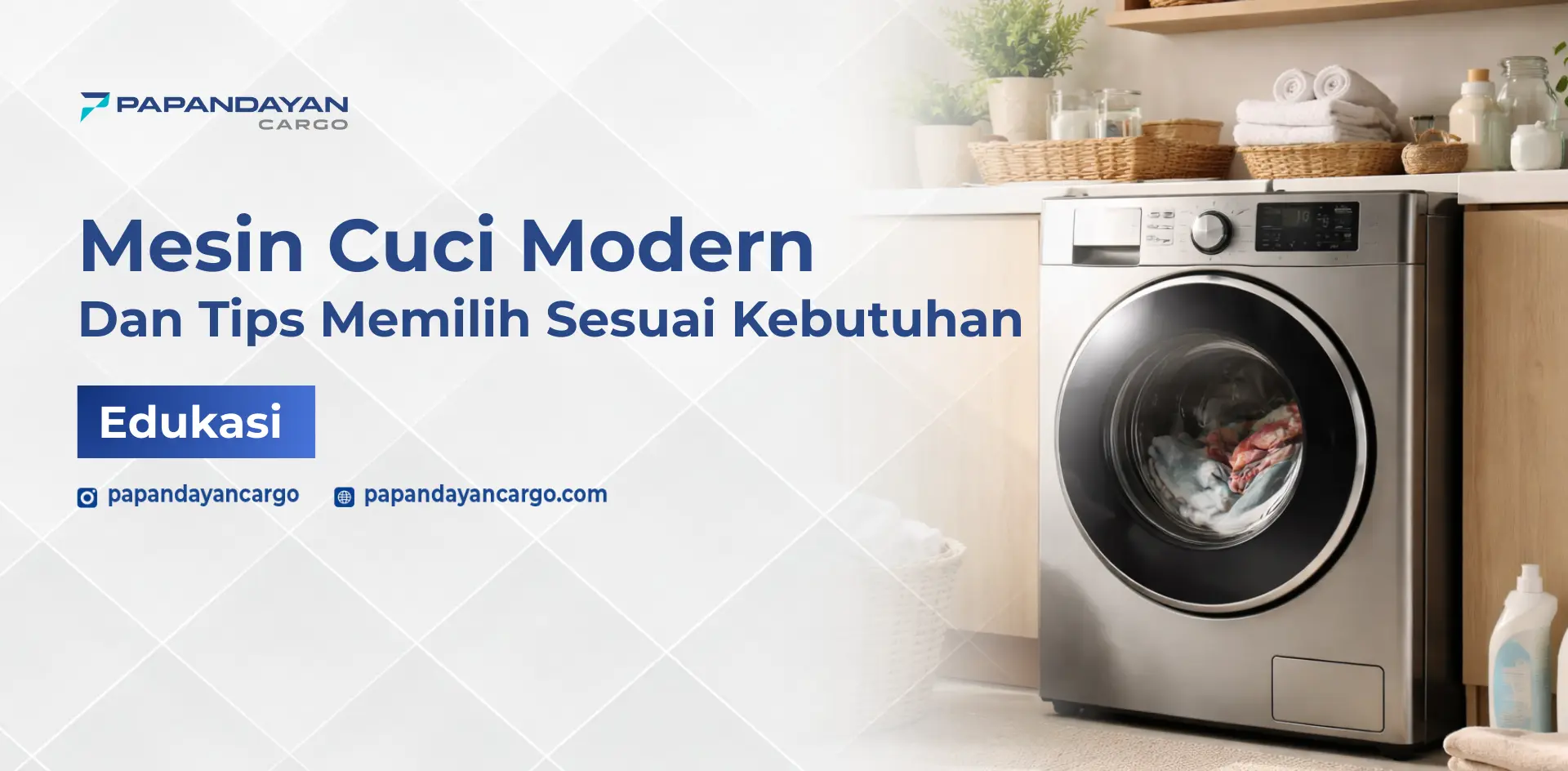 Mesin cuci modern tipe front loading di area rumah, menampilkan desain minimalis dan fitur panel digital.