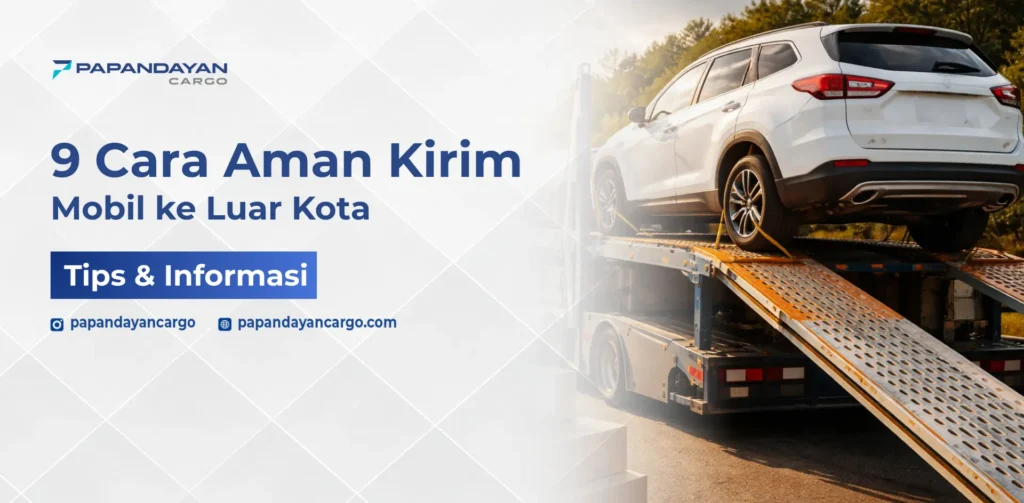 Mobil SUV diangkut menggunakan car carrier dengan sistem ramp dan pengikatan roda untuk pengiriman ke luar kota.