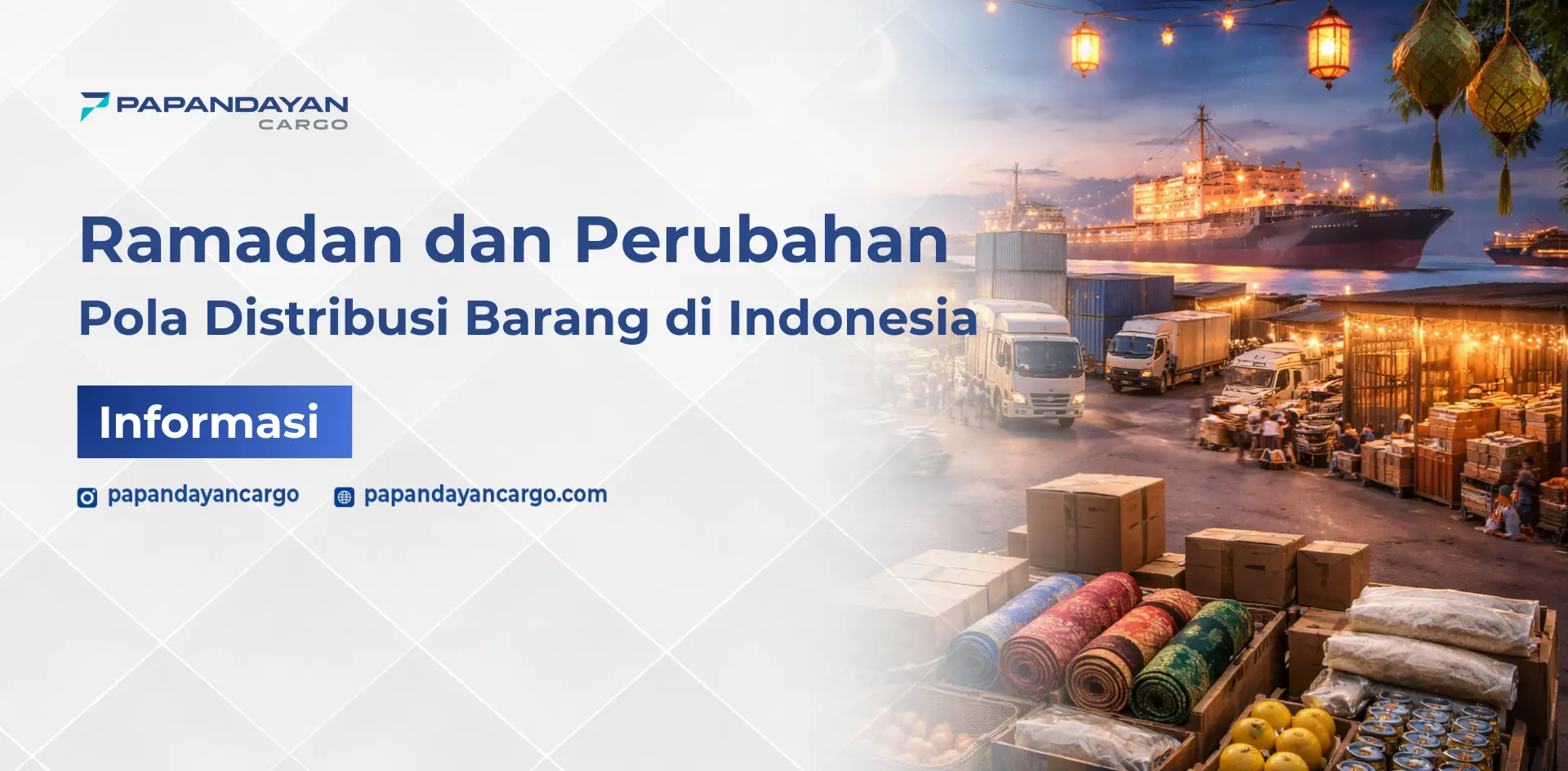 Ilustrasi pengiriman barang saat Ramadan dengan truk, kontainer, dan aktivitas distribusi malam hari.