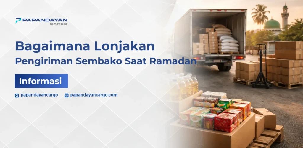 Pengiriman sembako jelang Ramadan dengan truk membawa beras dan kardus kebutuhan pokok.