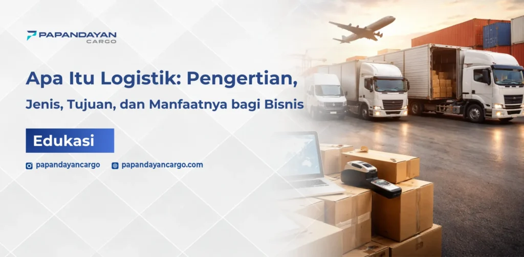 Ilustrasi apa itu logistik dalam proses distribusi barang menggunakan truk, pesawat, forklift, dan sistem gudang modern