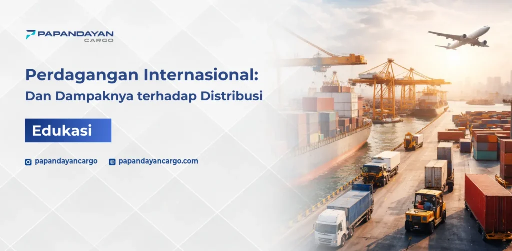 Perdagangan internasional dengan aktivitas pelabuhan, kontainer, kapal kargo, dan pesawat dalam distribusi global