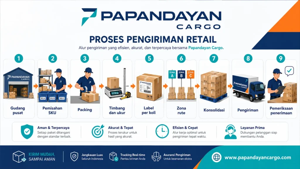 Proses pengiriman barang retail di Papandayan Cargo disusun bertahap agar alur distribusi lebih rapi, akurat, dan mudah dipantau.