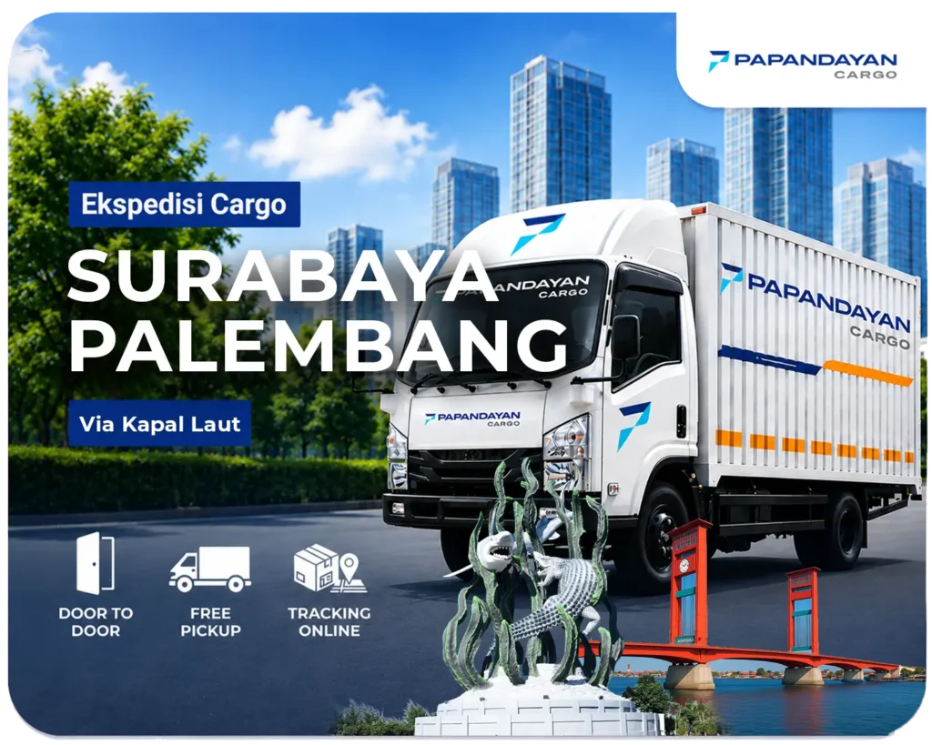 Ekspedisi Surabaya Palembang Rp 4.000/kg (min. 50 kg), layanan cargo aman untuk pengiriman barang bisnis, industri, dan distribusi ke Sumatera Selatan