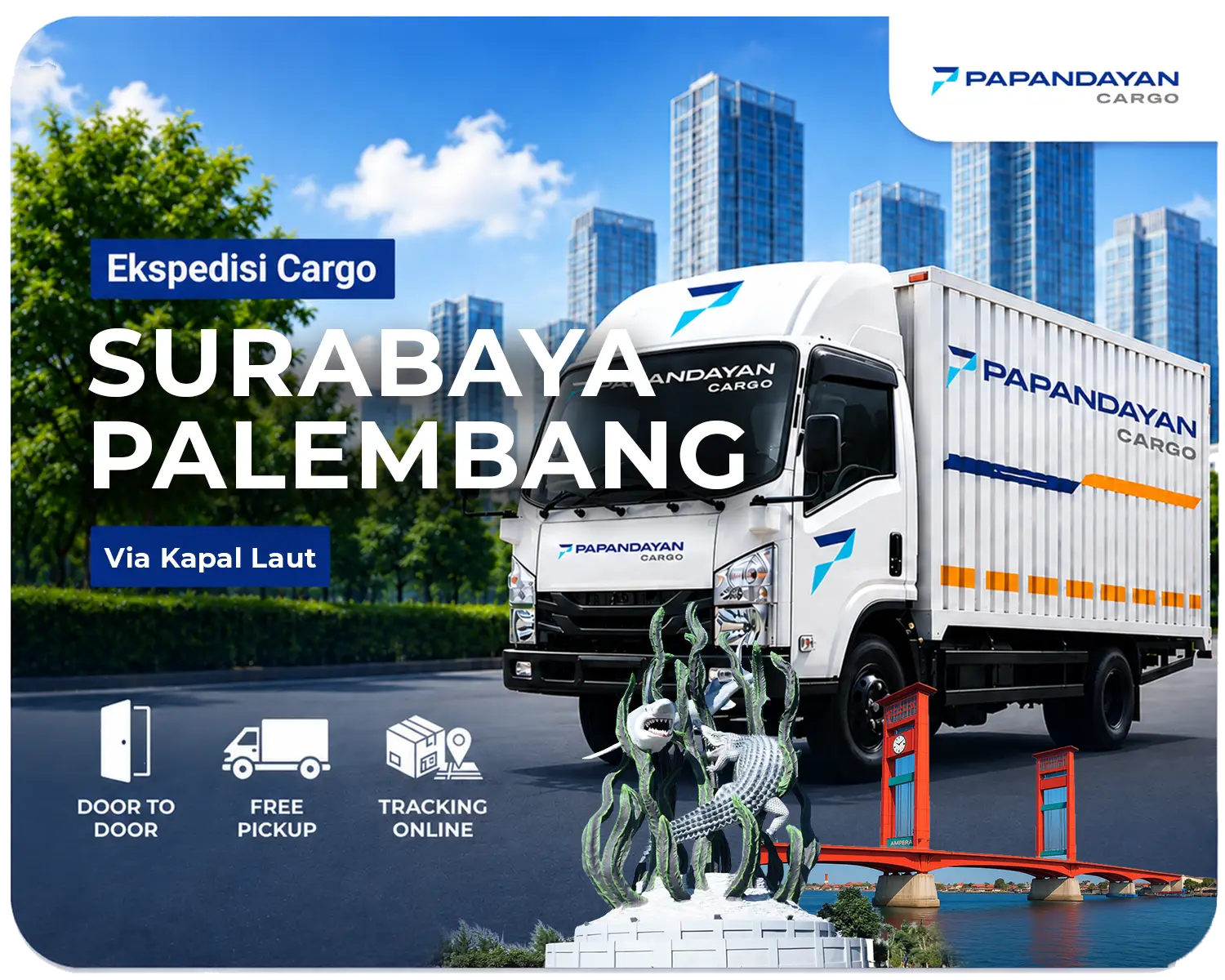 Ekspedisi Surabaya Palembang Rp 4.000/kg (min. 50 kg), layanan cargo aman untuk pengiriman barang bisnis, industri, dan distribusi ke Sumatera Selatan