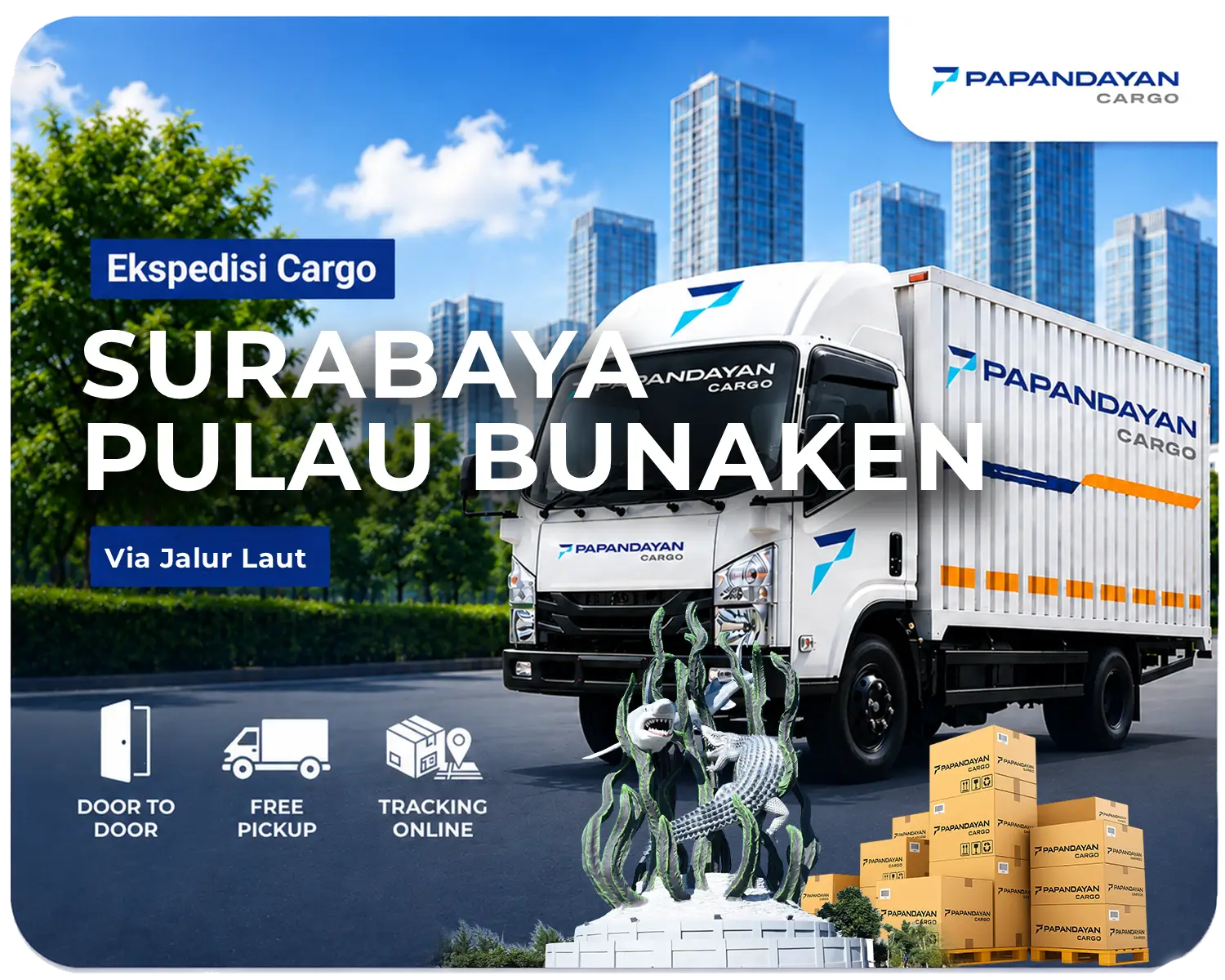 Ekspedisi Surabaya Pulau Bunaken via laut mengangkut barang cargo, kiriman banyak koli, dan kebutuhan distribusi antarpulau dengan penataan muatan yang rapi.