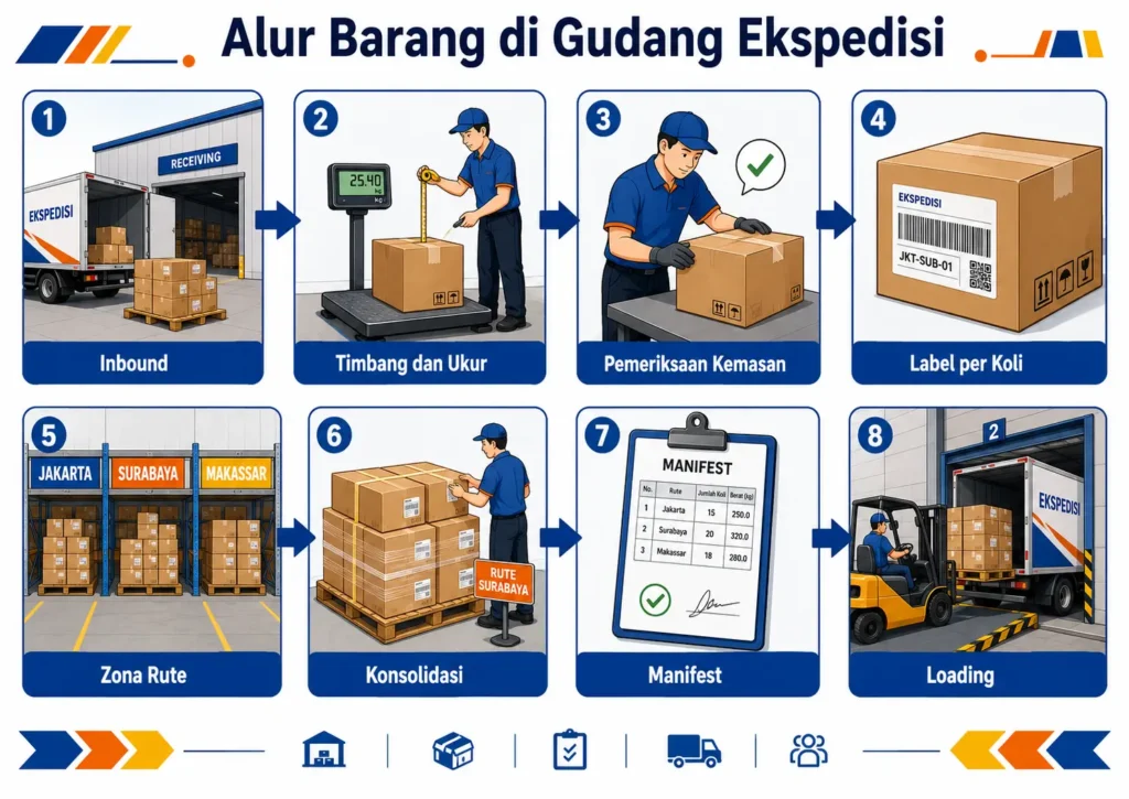 Alur barang masuk gudang dari pemeriksaan, label per koli, zona rute, konsolidasi, hingga loading.
