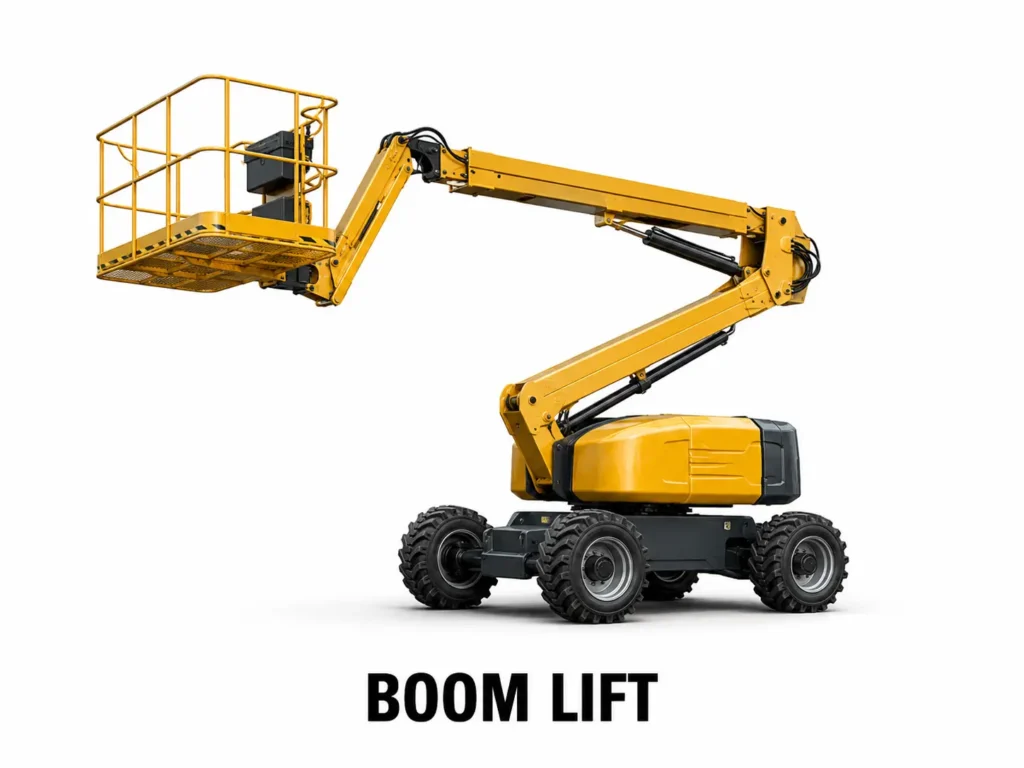Boom lift membawa pekerja menuju area kerja yang berada di ketinggian.