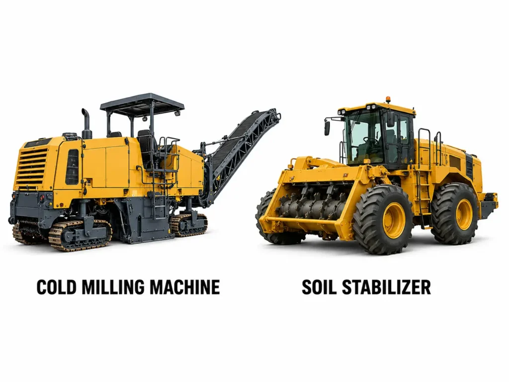 Cold milling machine mengupas lapisan jalan dan soil stabilizer mencampur material dasar.