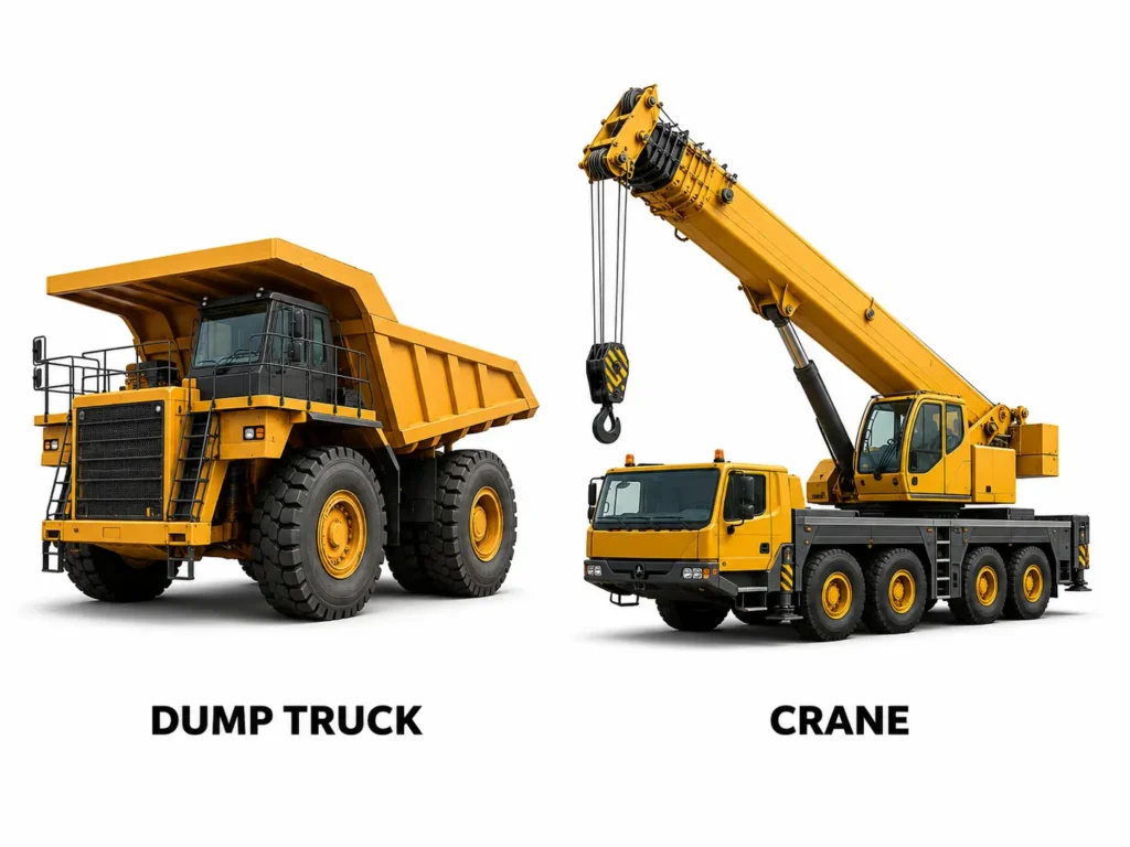 Dump truck mengangkut material dan crane mengangkat komponen proyek.