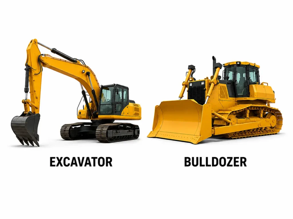 Excavator menggali tanah dan bulldozer mendorong material pada tahap persiapan lahan.