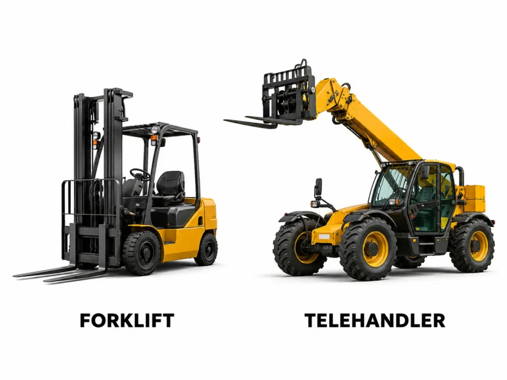 Forklift memindahkan pallet dan telehandler menempatkan beban pada posisi tinggi.