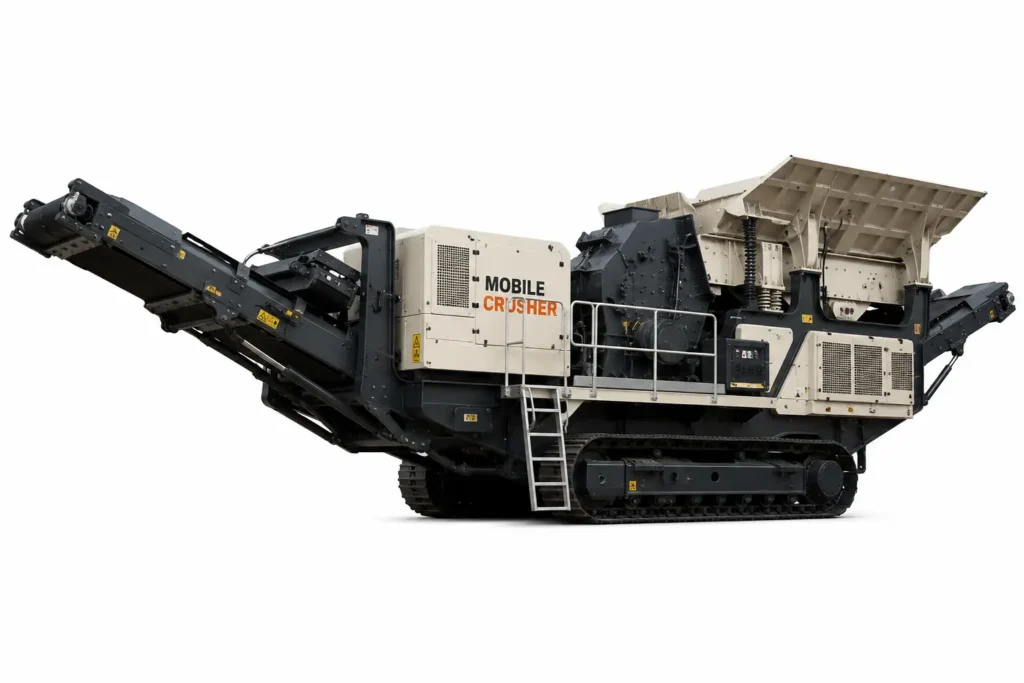 Mobile crusher menghancurkan batuan menjadi material berukuran lebih kecil.
