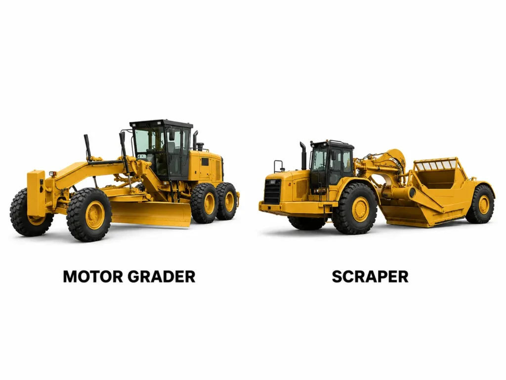 Motor grader membentuk permukaan dan scraper membawa material tanah di area proyek.