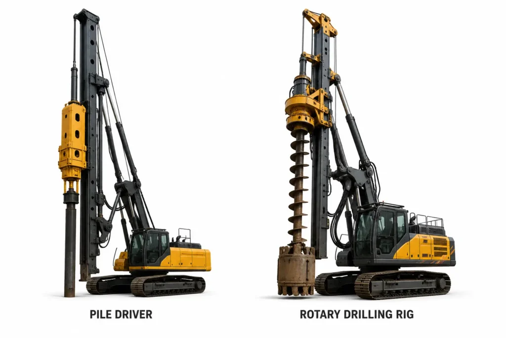 Pile driver memasang tiang fondasi dan rotary drilling rig membuat lubang fondasi.