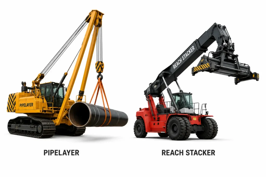 Pipelayer menempatkan pipa proyek dan reach stacker memindahkan kontainer di terminal.