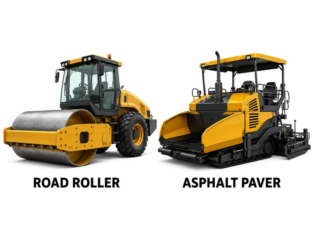 Asphalt paver menghamparkan aspal sebelum dipadatkan menggunakan road roller.