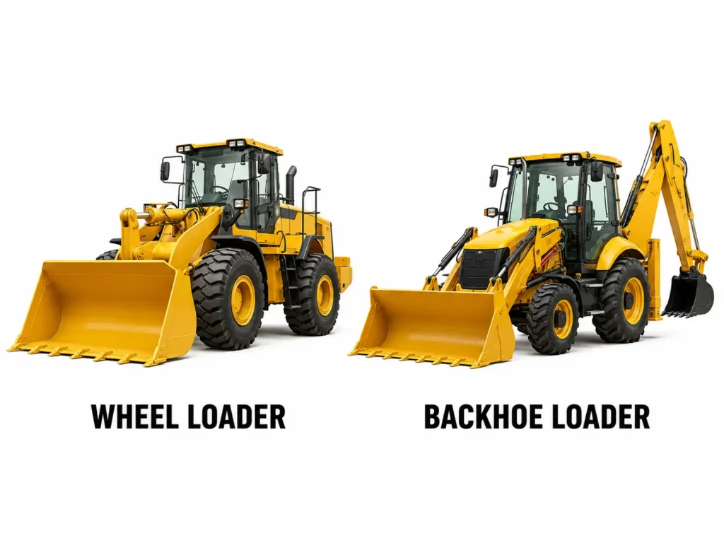 Wheel loader memuat material dan backhoe loader melakukan penggalian di area proyek.