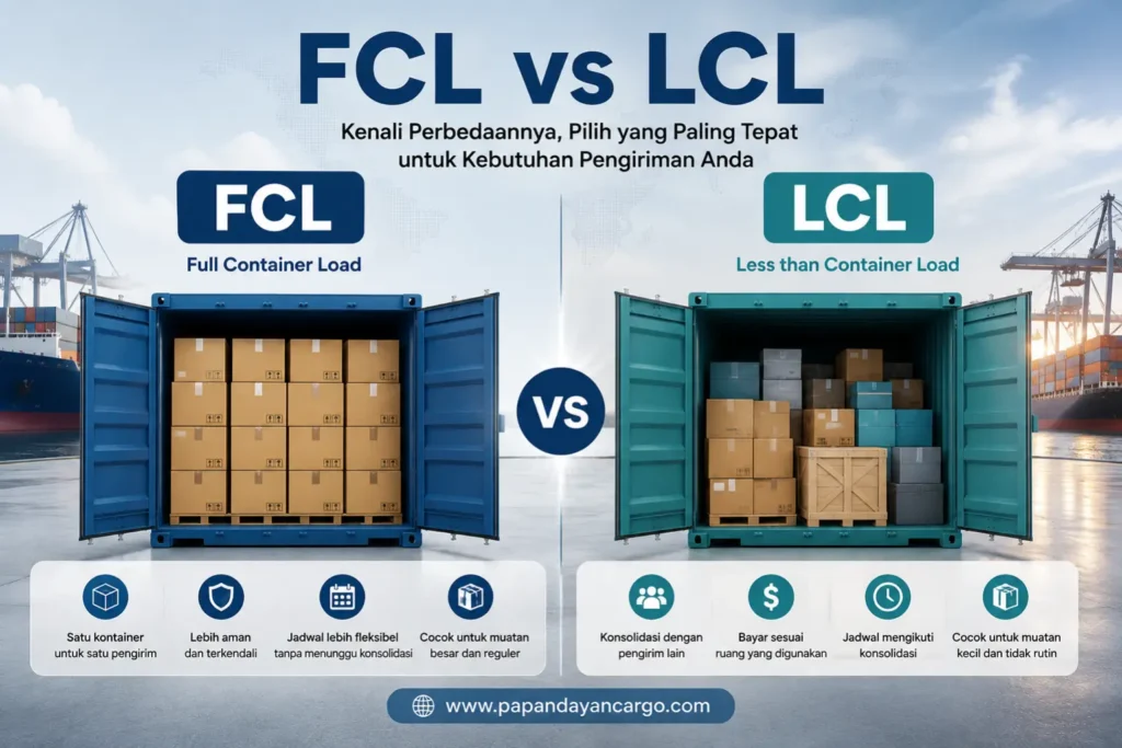 Beda LCL dan FCL terletak pada penggunaan ruang kontainer, kebutuhan muatan, jadwal, dan tingkat kontrol selama proses pengiriman laut.
