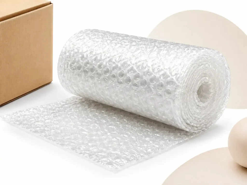 Bubble wrap dan kardus sebagai material pelindung untuk pengemasan barang agar lebih aman selama proses pengiriman.