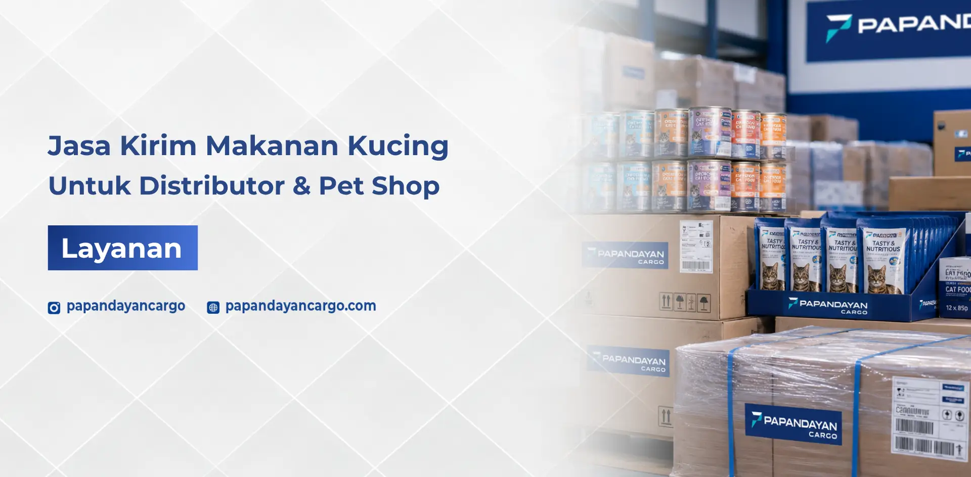 Jasa kirim makanan kucing untuk distributor dan pet shop dengan produk cat food yang disusun bersama barang cargo di gudang