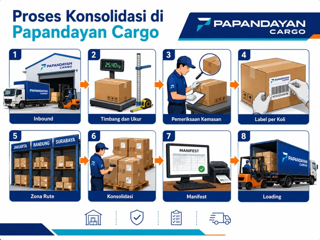 Konsolidasi pengiriman membantu menggabungkan beberapa barang dalam satu proses pengiriman agar muatan lebih rapi, efisien, dan terkontrol.