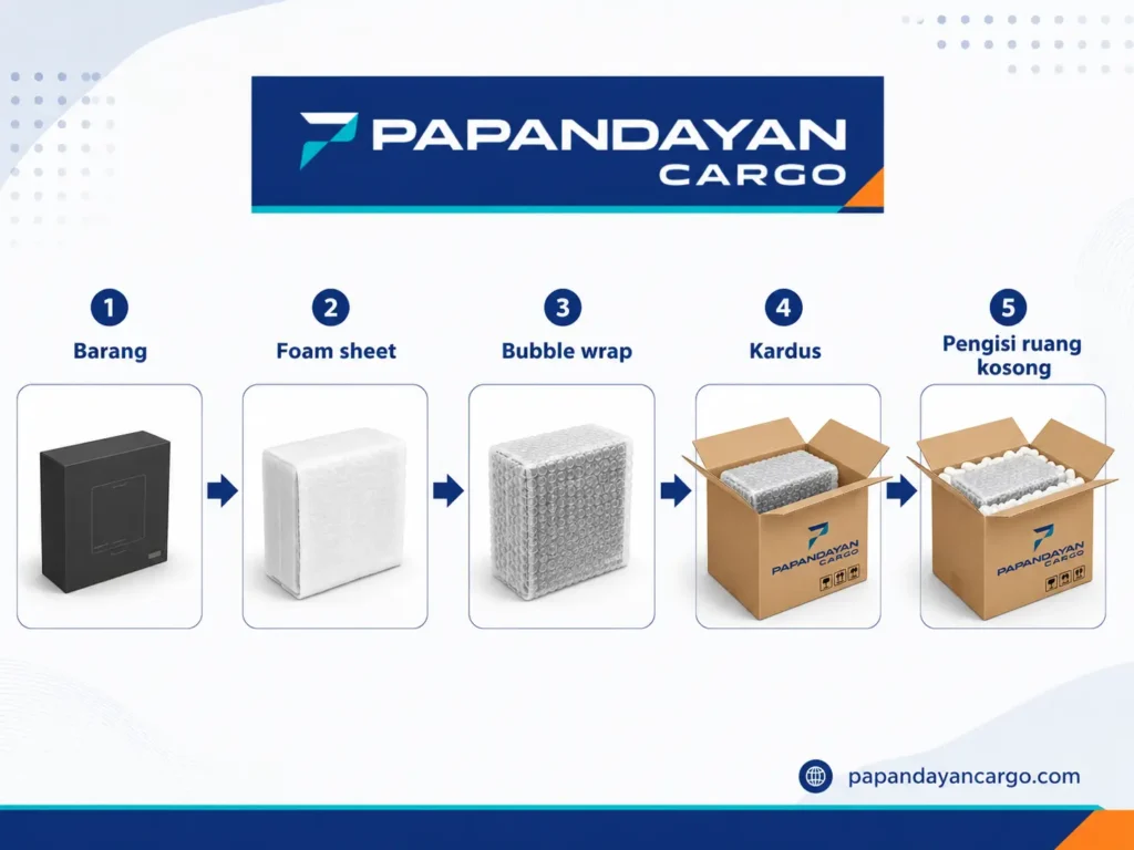 Petunjuk packing barang dengan tahapan foam sheet, bubble wrap, kardus, dan pengisi ruang kosong sebelum pengiriman